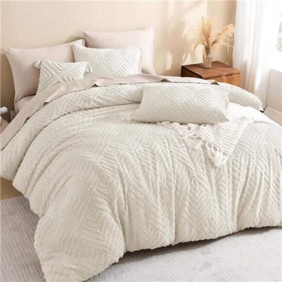 King Size Comforter Set Beige, 3 Pieces Cream Tufted Boho Farmhouse - Picture 1 of 8